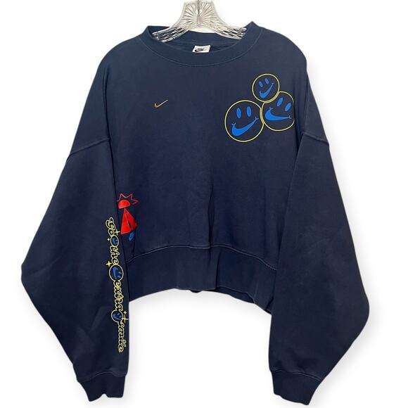Nike Go the Extra Smile Cropped Crewneck Sweatshirt Navy Smiley Swoosh Graphic S - Picture 1 of 8